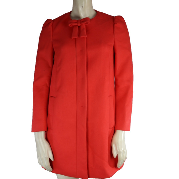 RED VALENTINO Corral Red Bow Neck Pea Coat Size 38 Elegant Classic Jacket - Picture 2 of 14